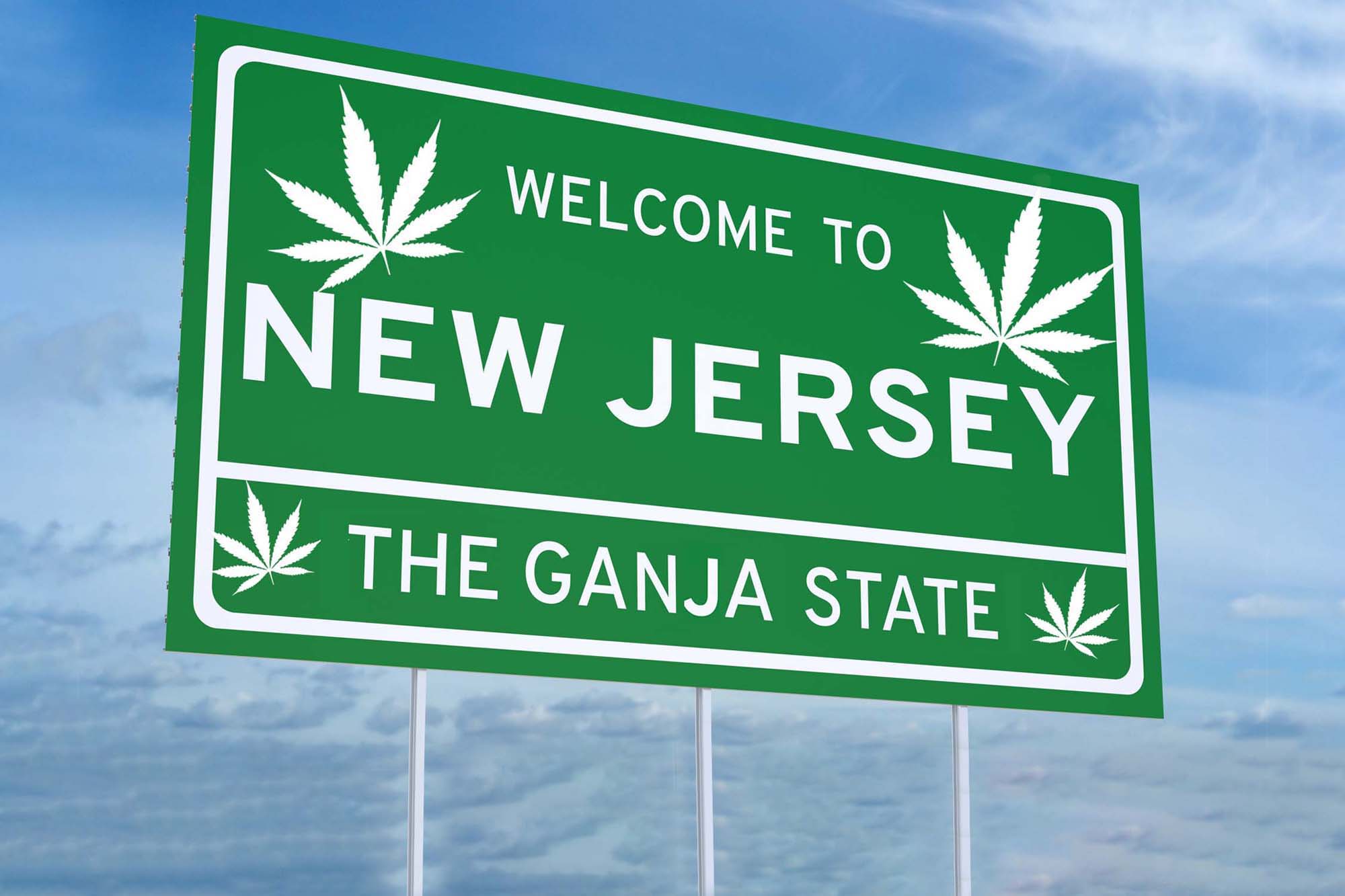 Illustration of NJ state sign, with marijuana leaves