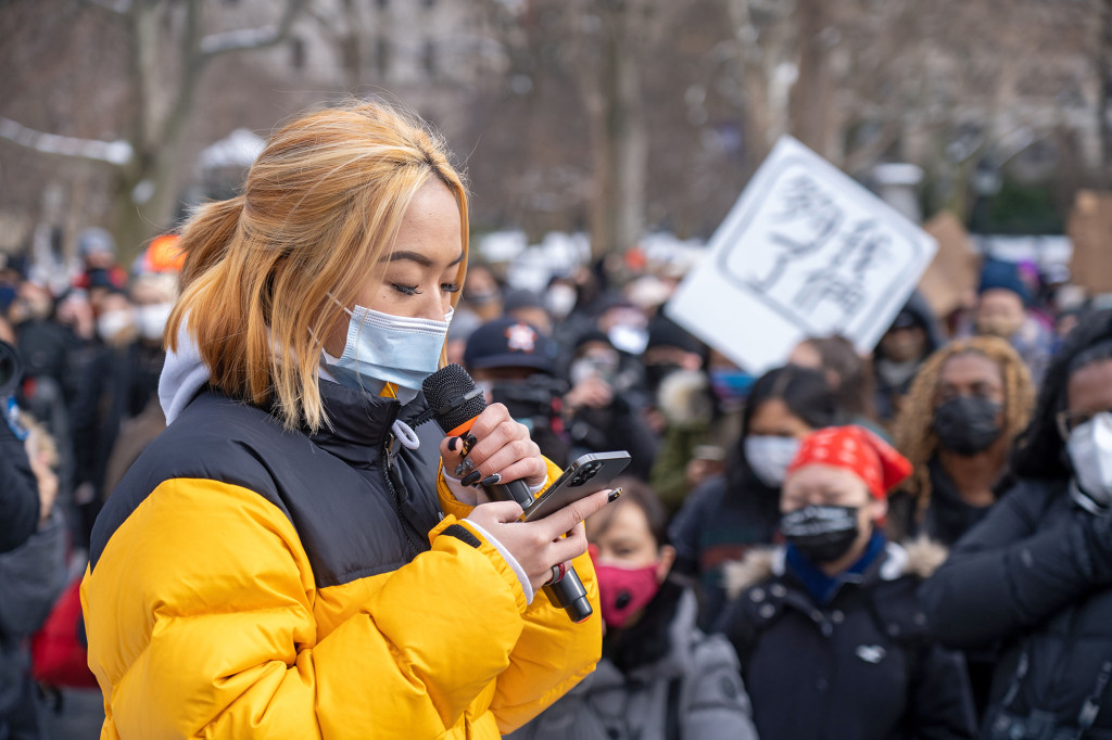 An activist speaks during the End The Violence Towards Asians rally in Washington Square Park on Feb. 20, 2021.