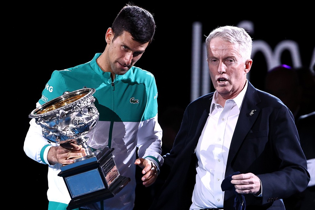Craig Tiley congratulates Novak Djokovic on Feb. 21 ,2021